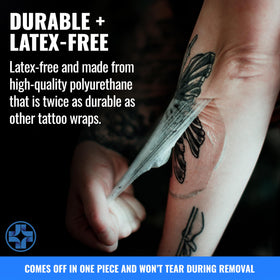 Removed Saniderm revealing visible healed tattoo under clear film benefit
