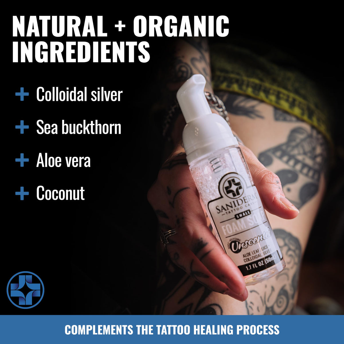 Saniderm bottle held in hand for size comparison and convenient home use