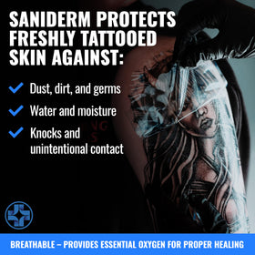 Saniderm sterile sealed sachet open to display clean, ready-to-use sheet