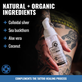 Saniderm 1.7oz bottle in a hand for scale, showing travel-friendly size for artists and collectors