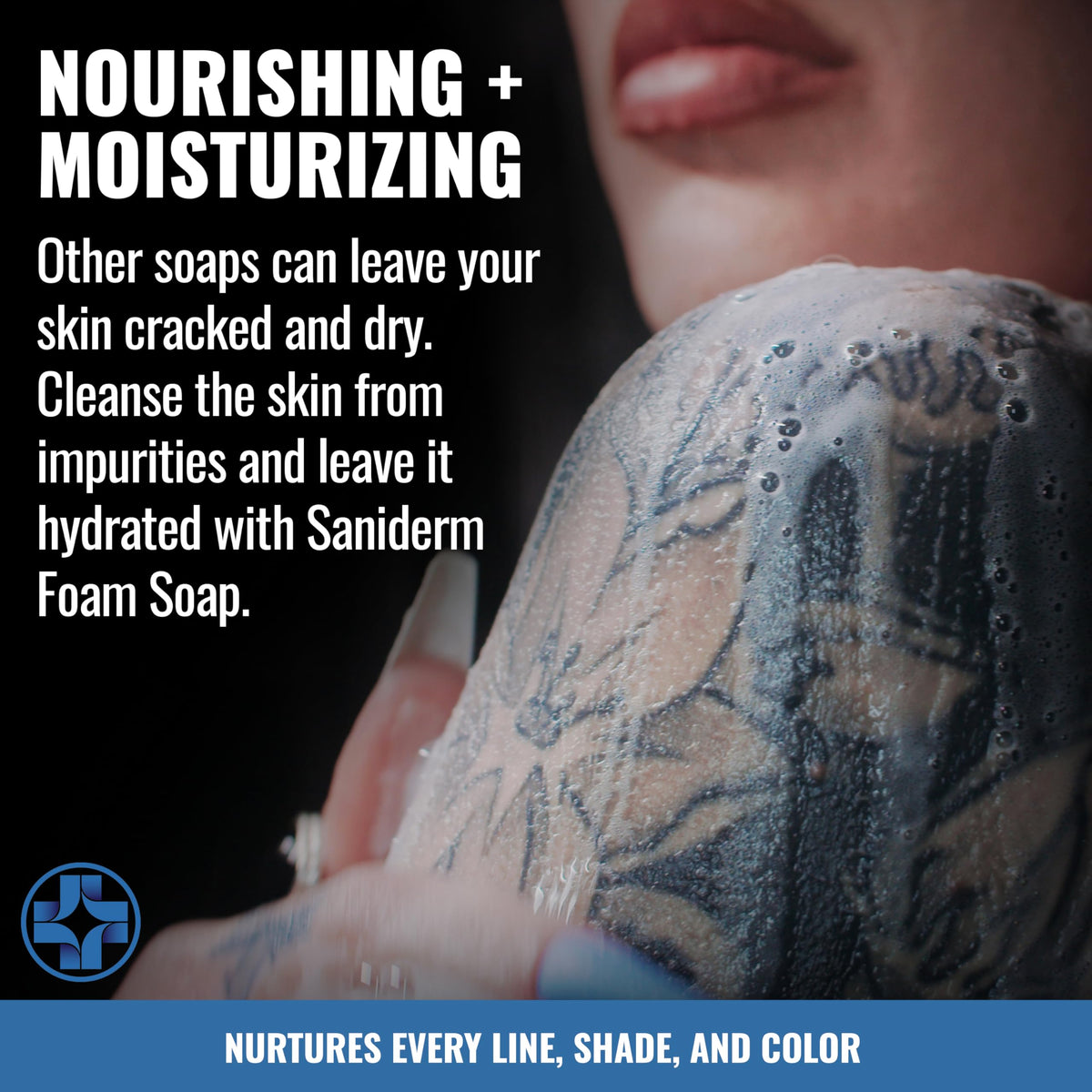 Saniderm foam bottle next to a Saniderm tattoo bandage illustrating compatibility in aftercare routines