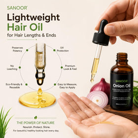 SANOOR oil applied to hair ends to smooth frizz and add shine