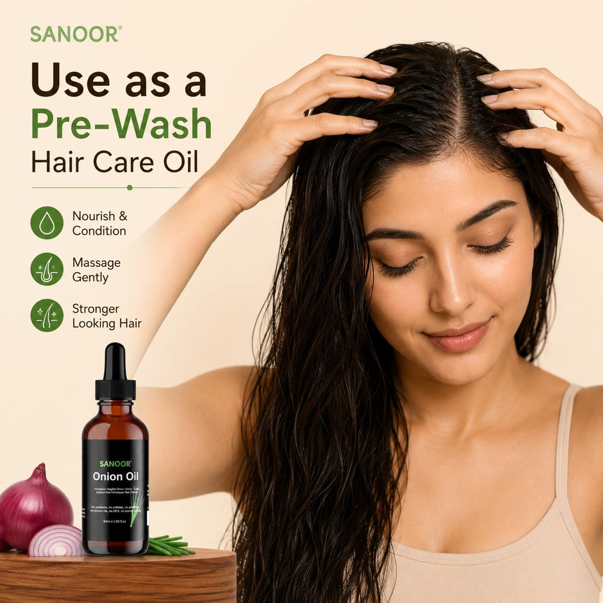 SANOOR oil texture close-up displaying lightweight sheen and smooth feel