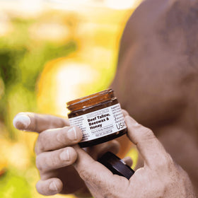 Santa Cruz Paleo jar on bathroom vanity in lifestyle shot conveying daily routine use