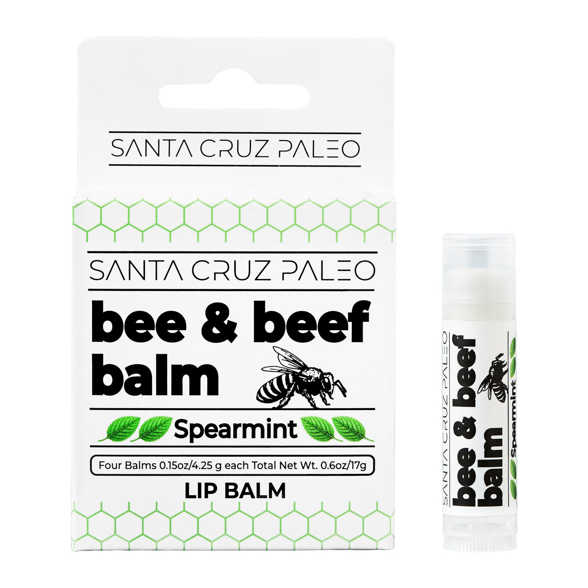 Santa Cruz Paleo front packaging showing four spearmint lip balm sticks and benefits