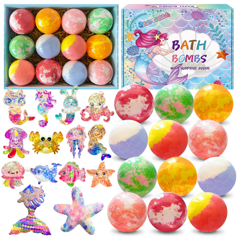 Santrela front box packaging showing 12 colorful bath bombs and gift box, ideal present