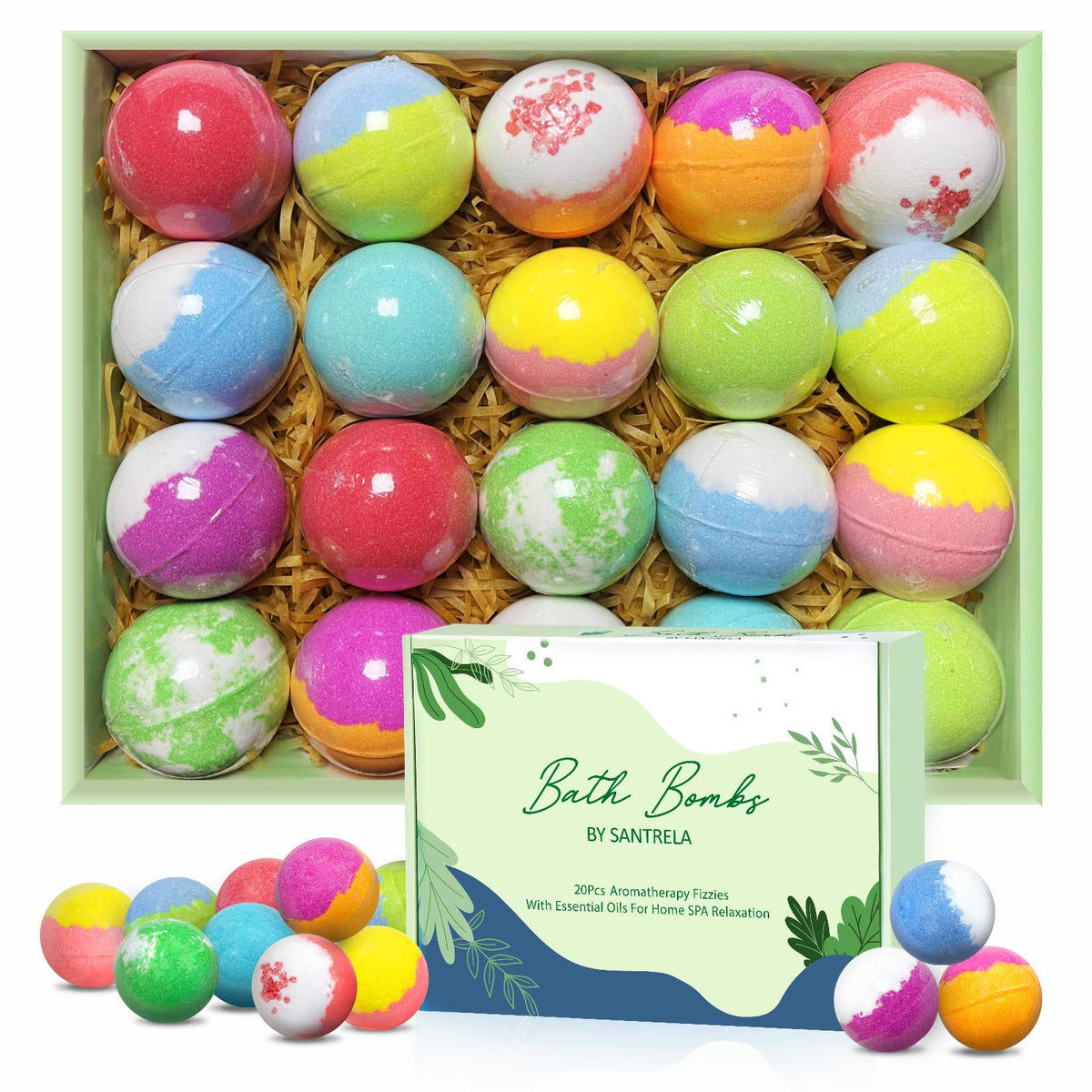 Santrela front packaging showing 20 colorful bath bombs and gift-ready presentation