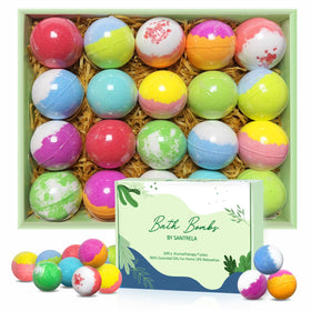 Santrela front packaging showing 20 colorful bath bombs and gift-ready presentation