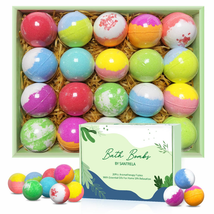 Santrela front packaging showing 20 colorful bath bombs and gift-ready presentation