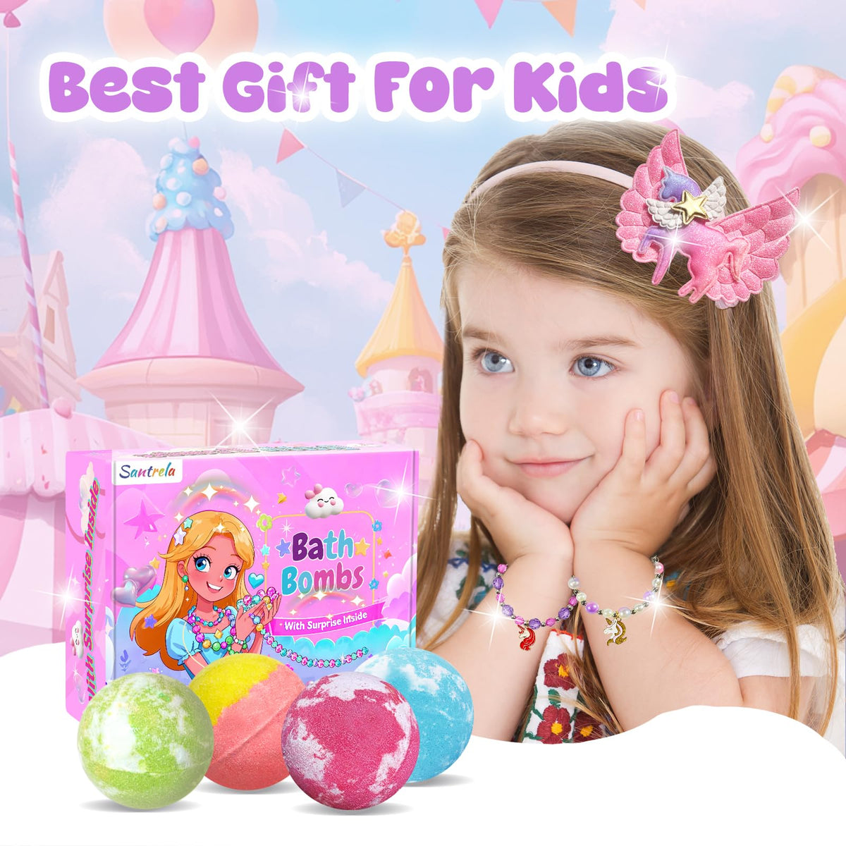 Santrela gift box open with sequined starfish and unicorn hair clips, adds lasting play