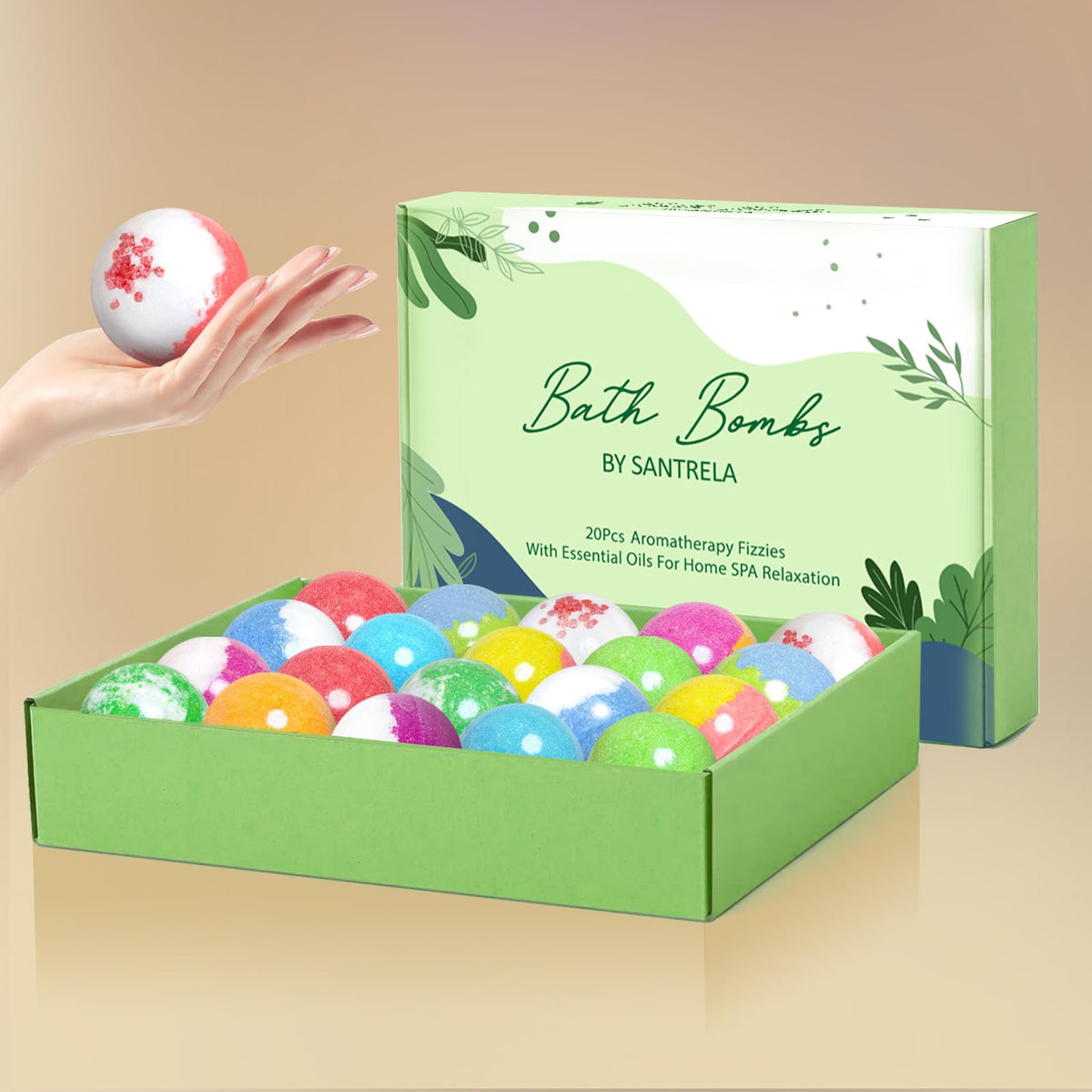Santrela bath bomb held in hand showing real size for portioning and usage clarity