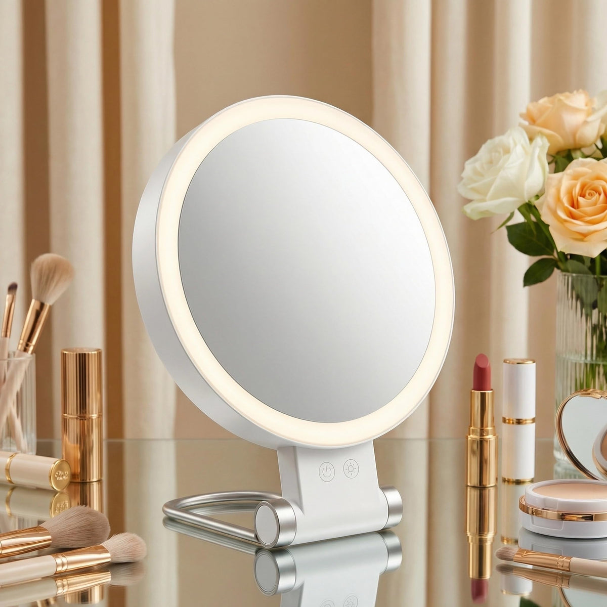 SANYCASA warm light mode lit, soft flattering illumination benefit