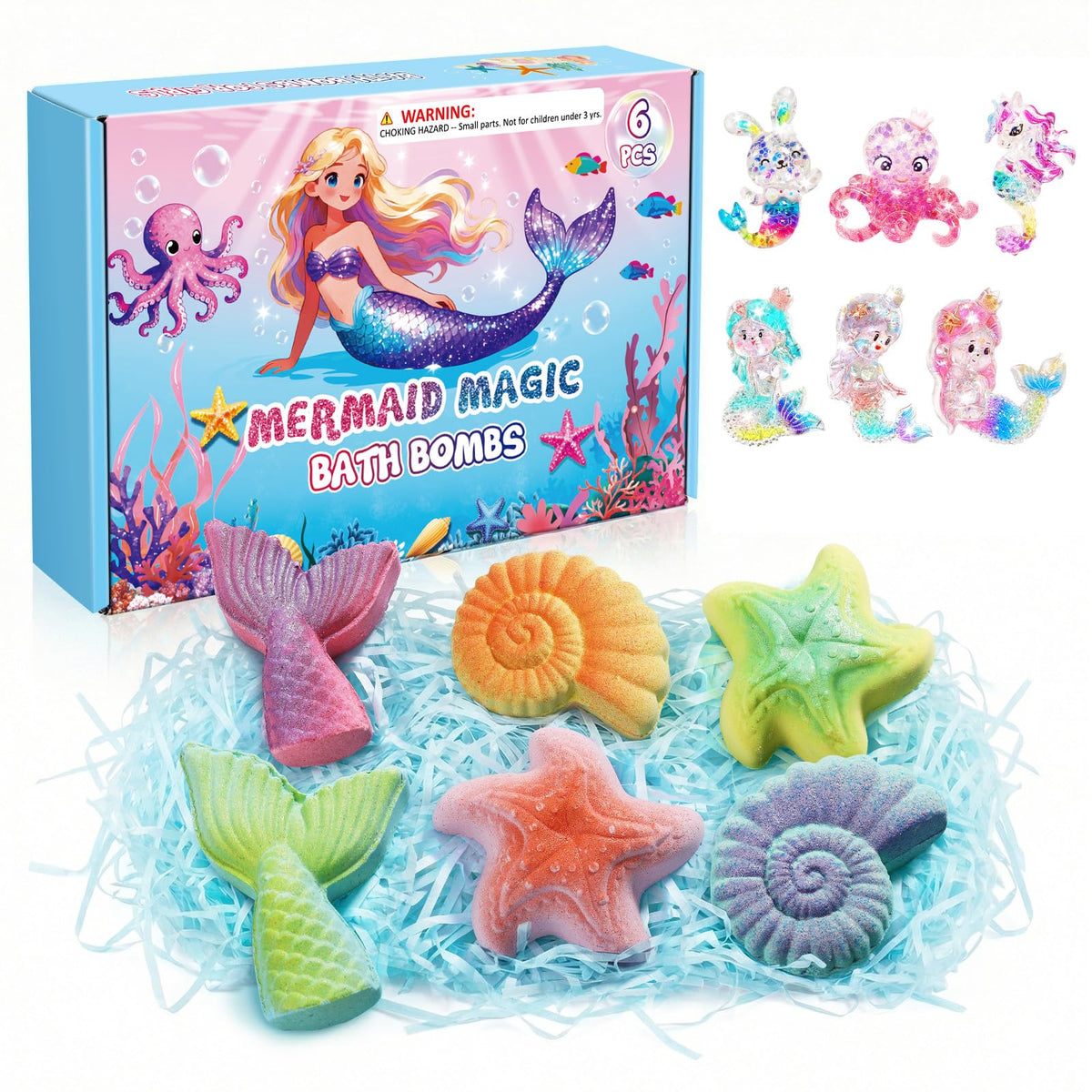 sanyi front packaging showing boxed six-piece mermaid bath bomb set and gift-ready appeal