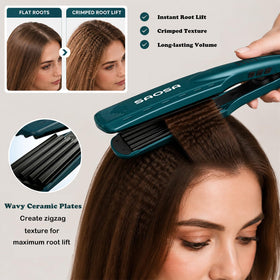 SAOSA plate close-up highlighting 35mm ceramic glaze for even heat and reduced frizz