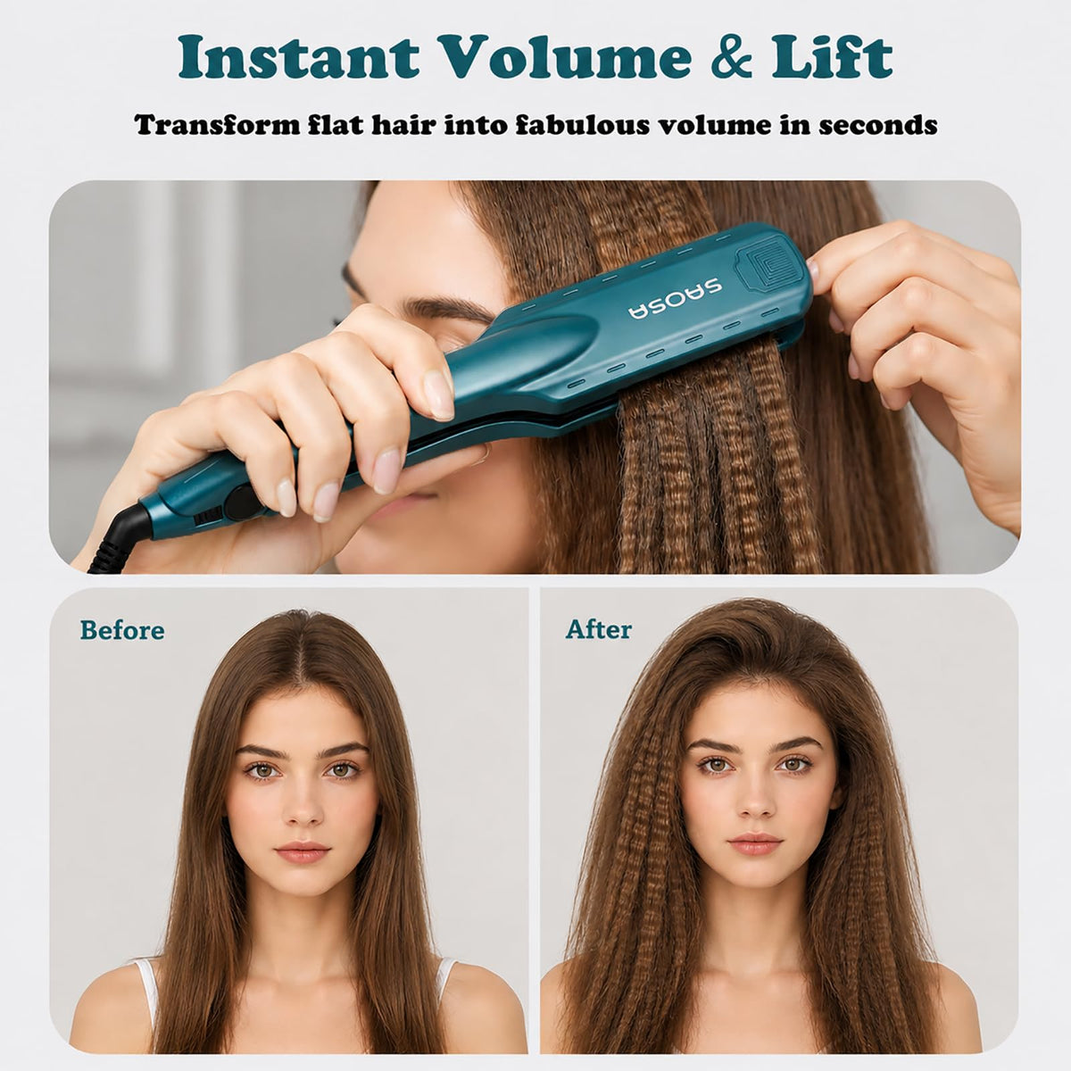 SAOSA crimper with included heat-resistant glove for safe close-to-root styling