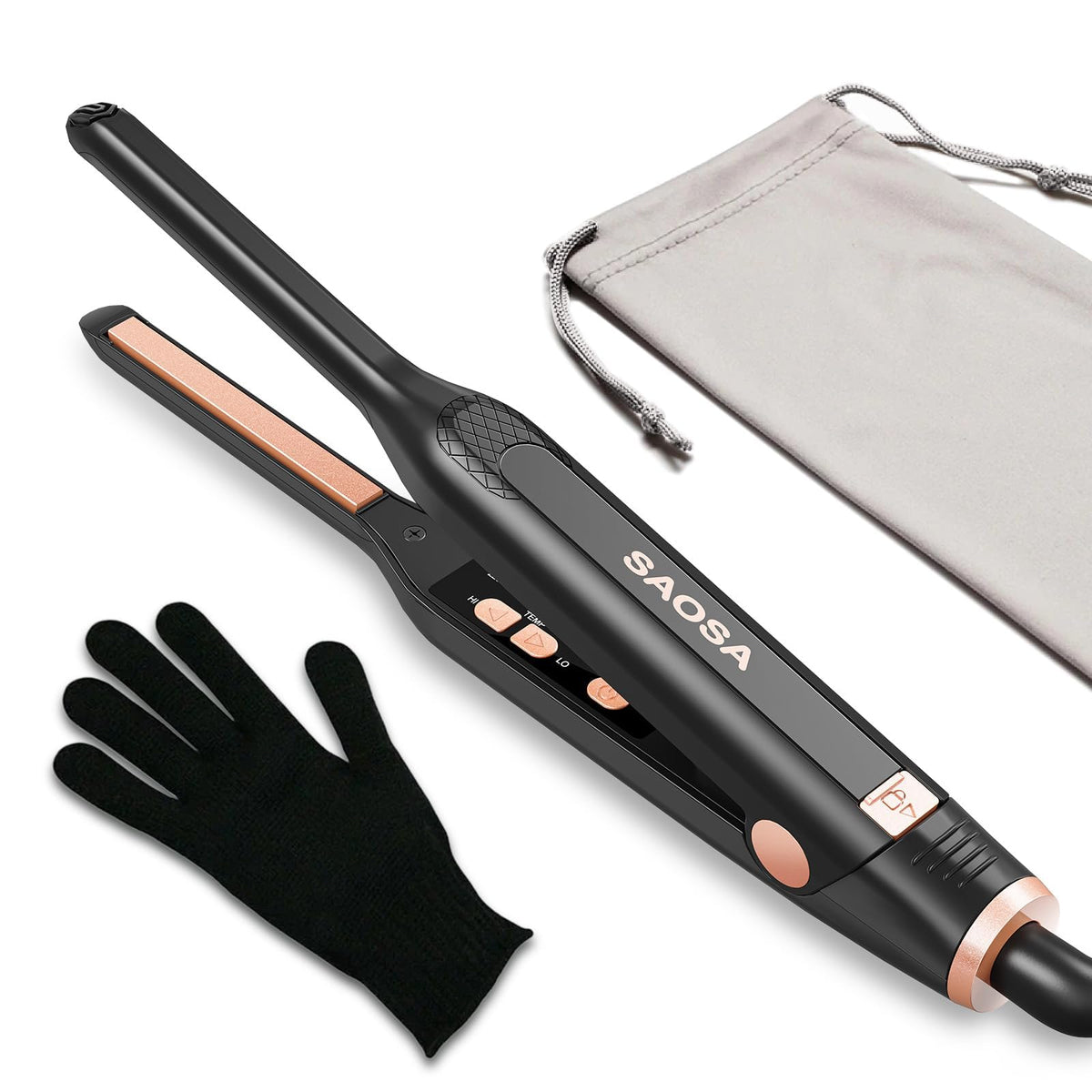 SAOSA front view of mini pencil flat iron showing slim rose gold body and handle benefit precision