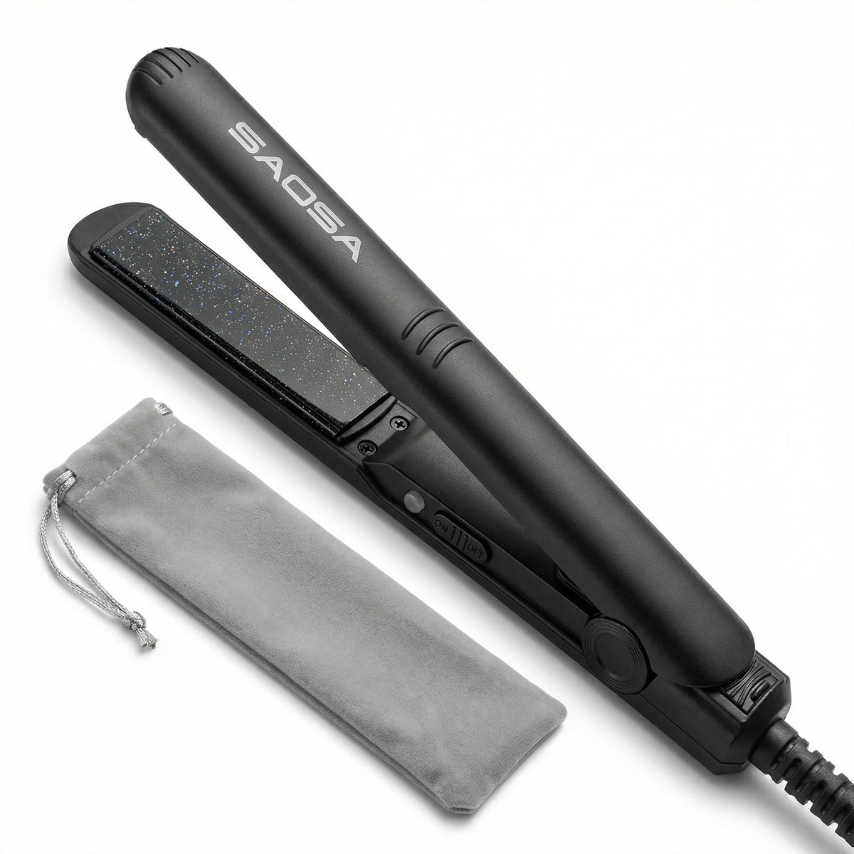 SAOSA mini flat iron front view showing compact design and power light, ideal portability