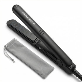 SAOSA mini flat iron front view showing compact design and power light, ideal portability
