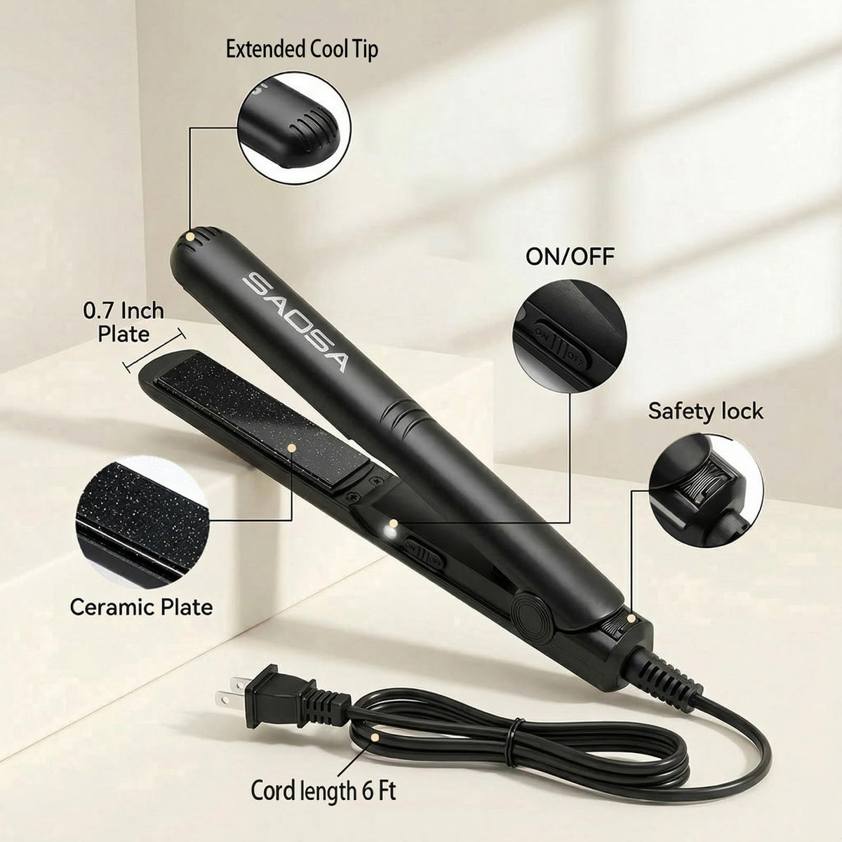SAOSA mini flat iron inside drawstring pouch, protecting tool for travel convenience