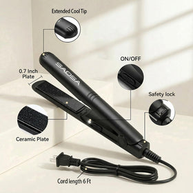 SAOSA mini flat iron inside drawstring pouch, protecting tool for travel convenience