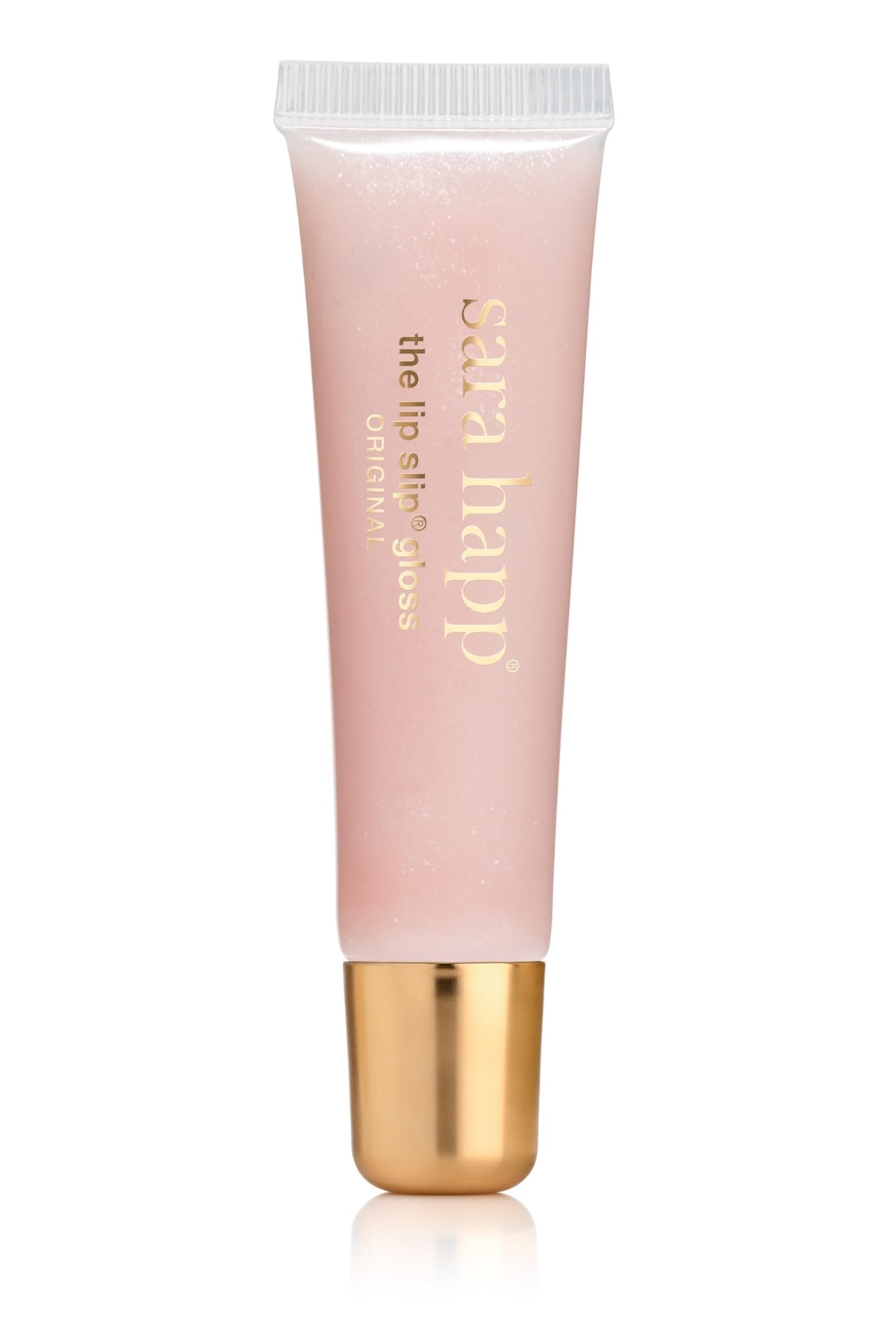 Sara Happ tube front view showing glossy 0.5 oz packaging and instant shine benefit