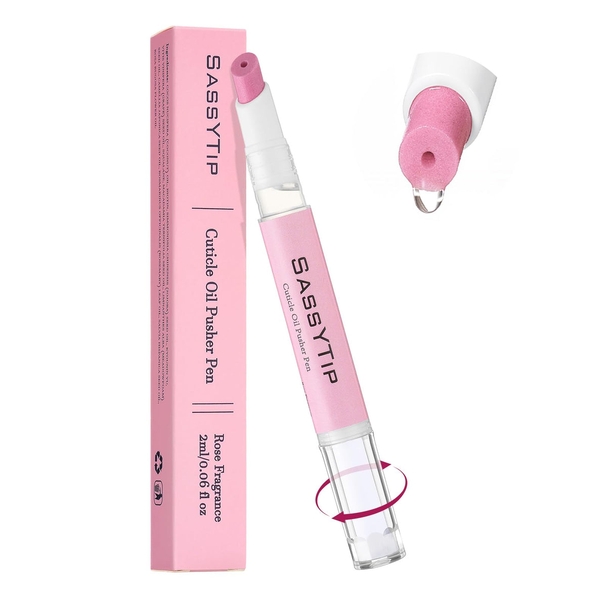 SASSYTIP cuticle oil pen front packaging showing compact design and rose scent