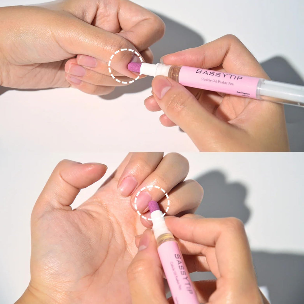 SASSYTIP pen held in hand showing compact travel-friendly size