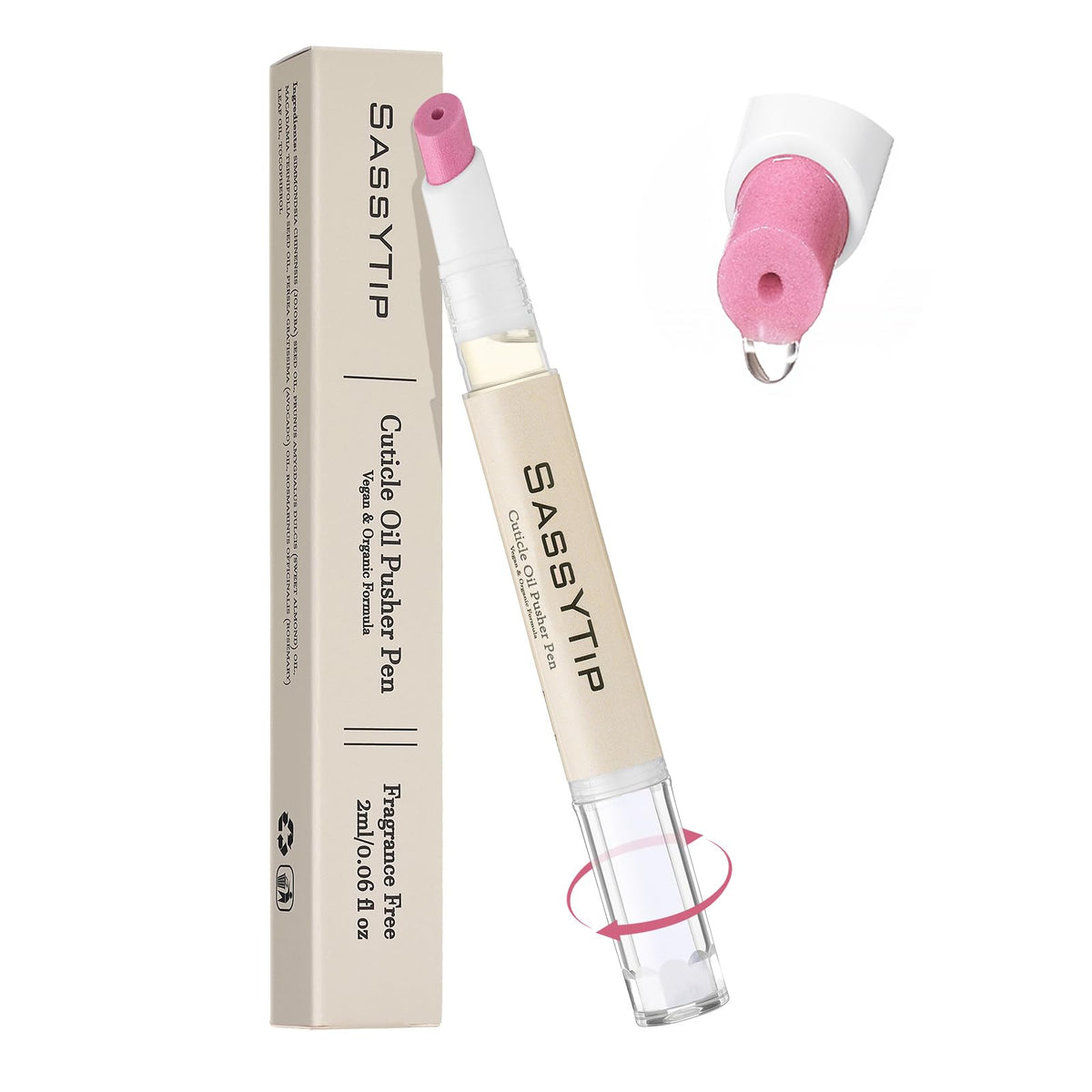 SASSYTIP front view of pen showing compact travel-ready design and clear labeling