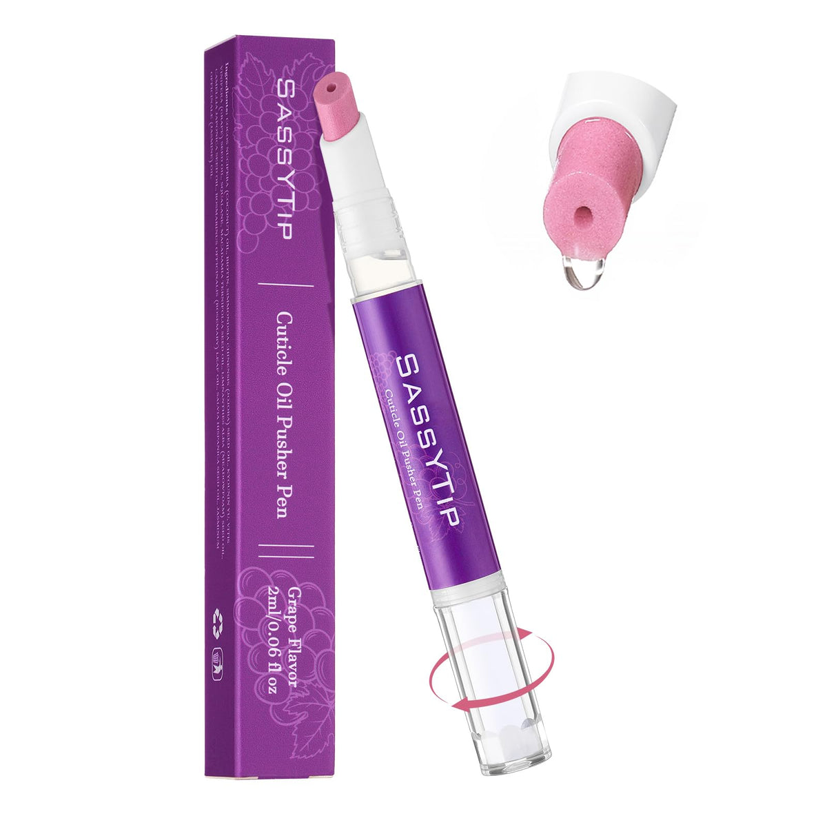 SASSYTIP front packaging showing compact pen and grape color for easy travel