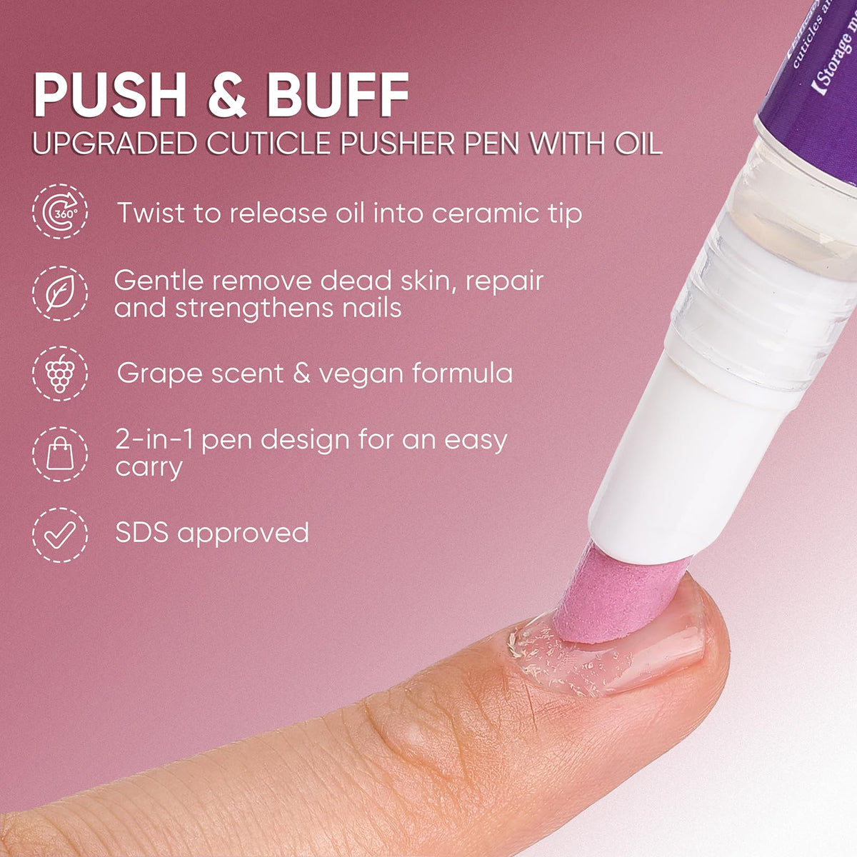 SASSYTIP pen gliding across cuticle to moisturize and soften skin quickly