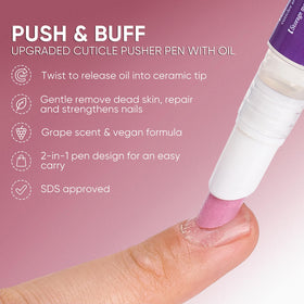 SASSYTIP pen gliding across cuticle to moisturize and soften skin quickly