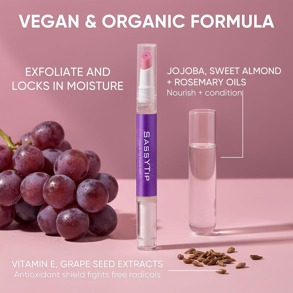 SASSYTIP oil blend ingredients arranged highlighting nourishing jojoba benefits