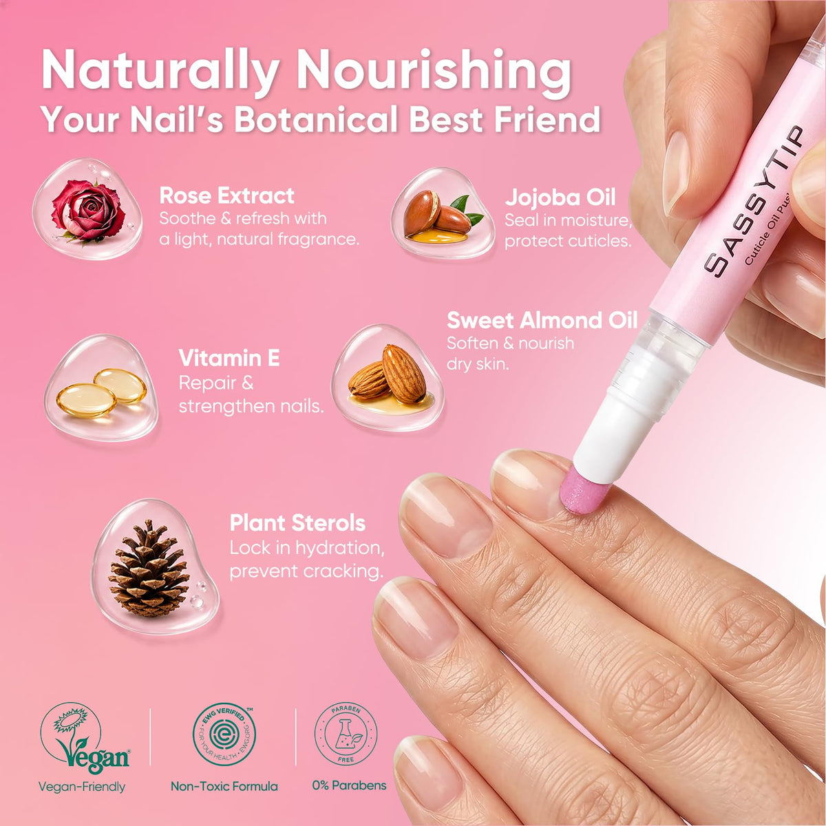 SASSYTIP pen beside rose oil bottle lifestyle shot for nourishing hydration