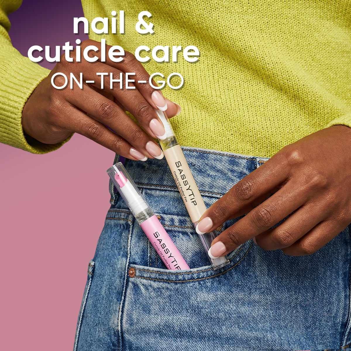 SASSYTIP pen next to coin showing compact size for on-the-go use