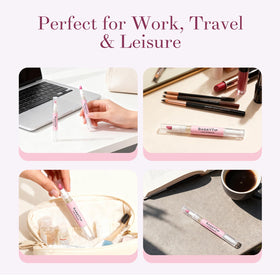 SASSYTIP next to a coin showing compact 2ml size for travel convenience