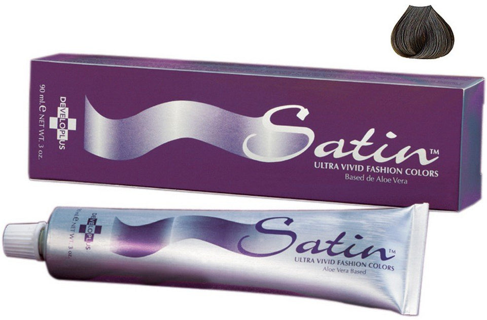 Satin hair color brown 4N front package showing tube and clear shade, conditions hair