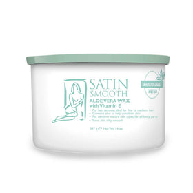 Satin Smooth aloe wax front pot showing label and 14oz size for easy identification