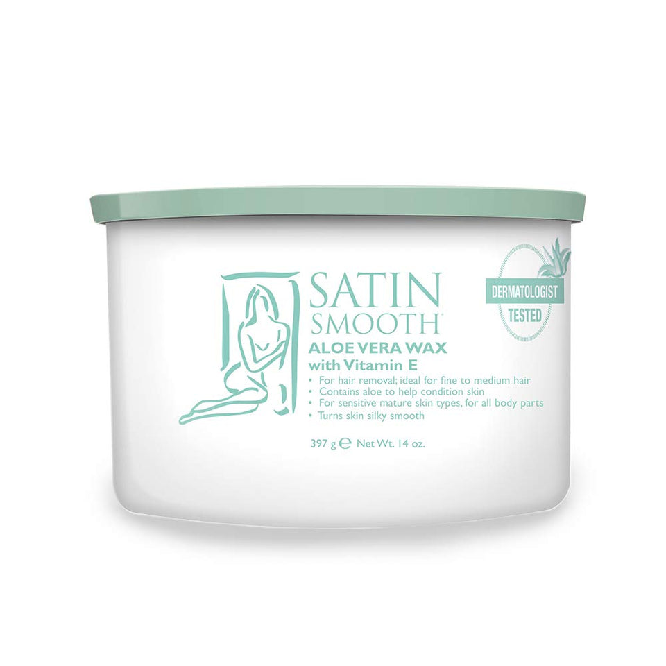 Satin Smooth aloe wax front pot showing label and 14oz size for easy identification