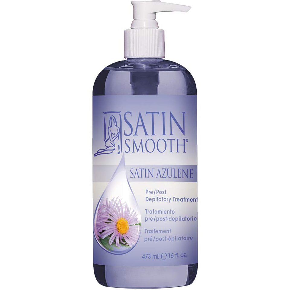SATIN SMOOTH front label of azulene pre post depilatory treatment showing clear branding and benefits