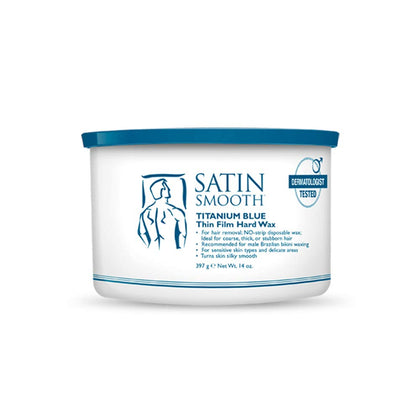 Satin Smooth front can showing titanium blue wax and clear labeling for easy identification