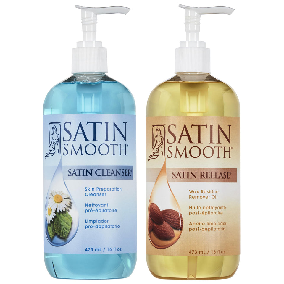 SATIN SMOOTH duo front packaging showing both bottles and benefits