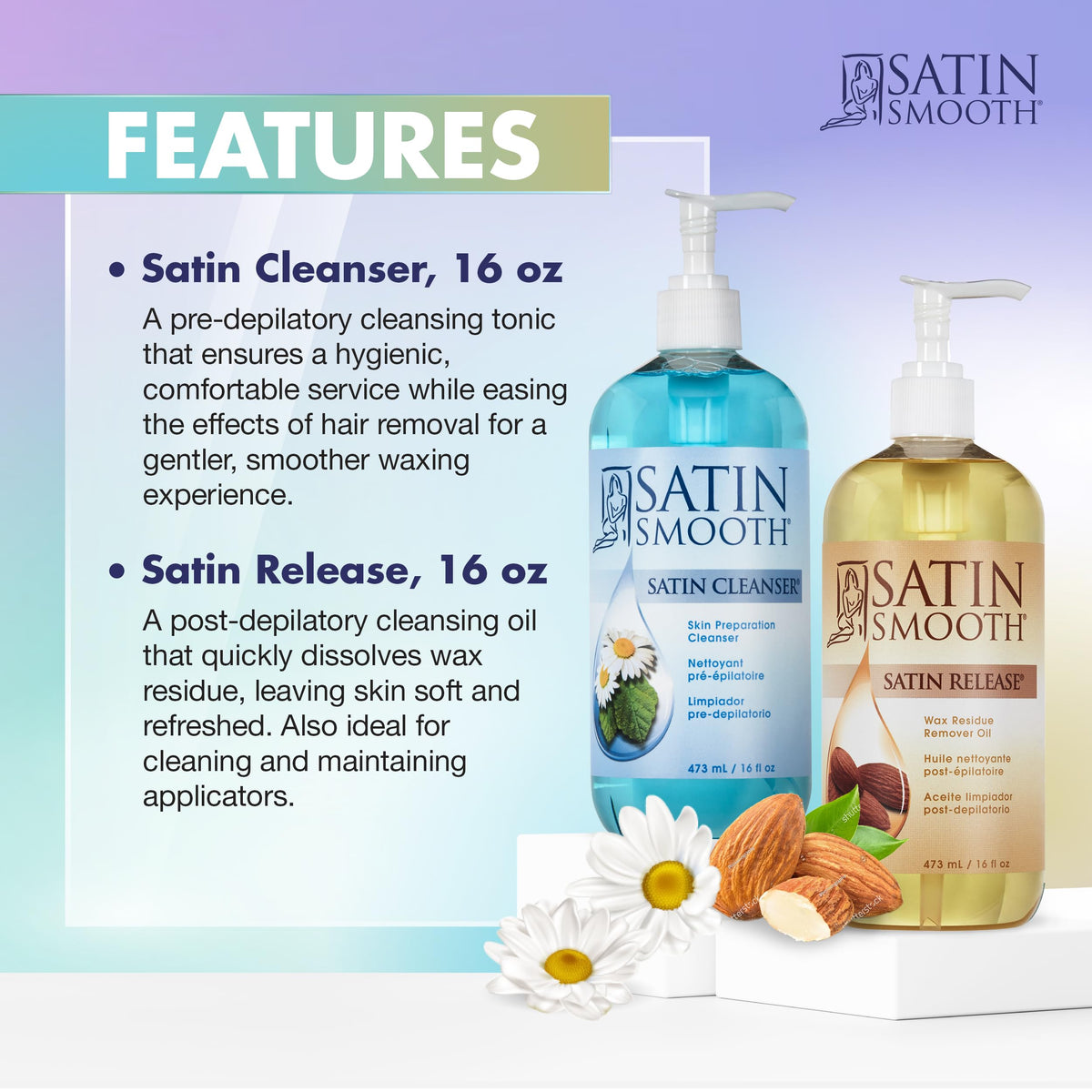 SATIN SMOOTH used in salon to prep and soothe skin after waxing