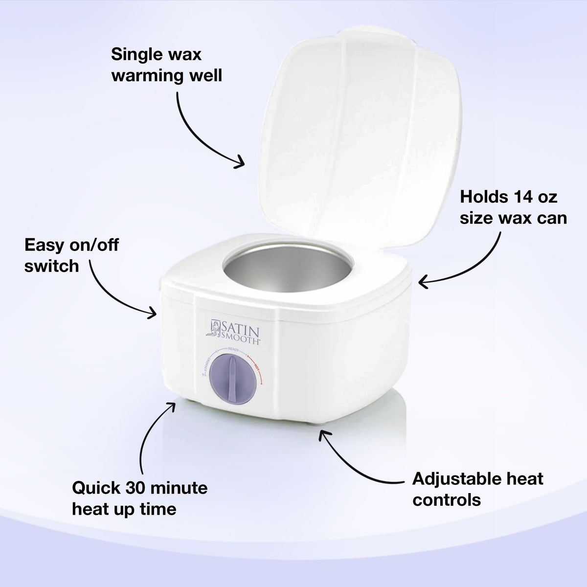 Satin Smooth warmer in use with 14 oz wax can for quick salon readiness