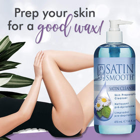 SATIN SMOOTH bottle held in hand showing scale for salon and home use benefit
