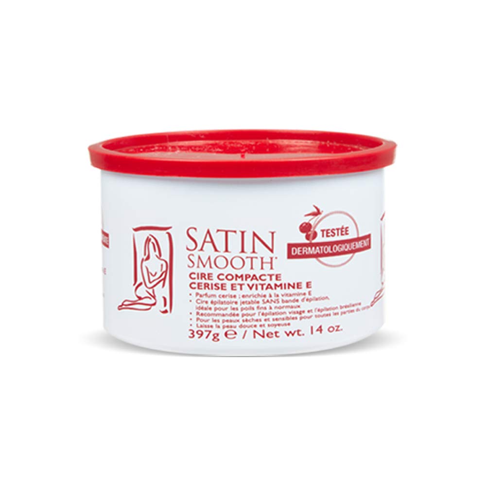 Satin Smooth front jar showing packaging and 14oz size, highlights easy application
