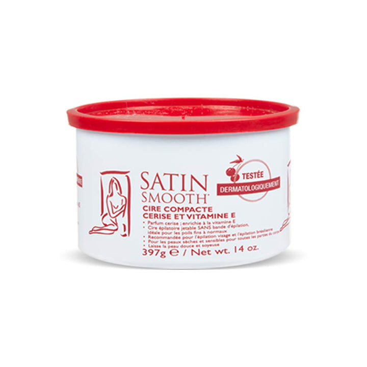 Satin Smooth front jar showing packaging and 14oz size, highlights easy application