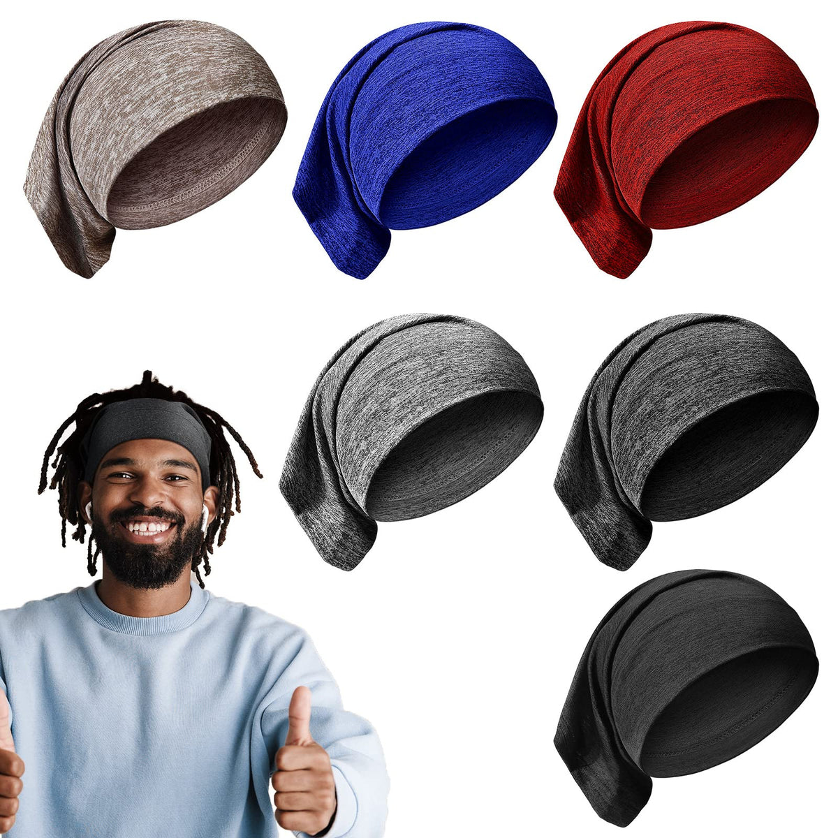 SATINIOR front view of six dreadlock caps showing colors and packaging benefit protection