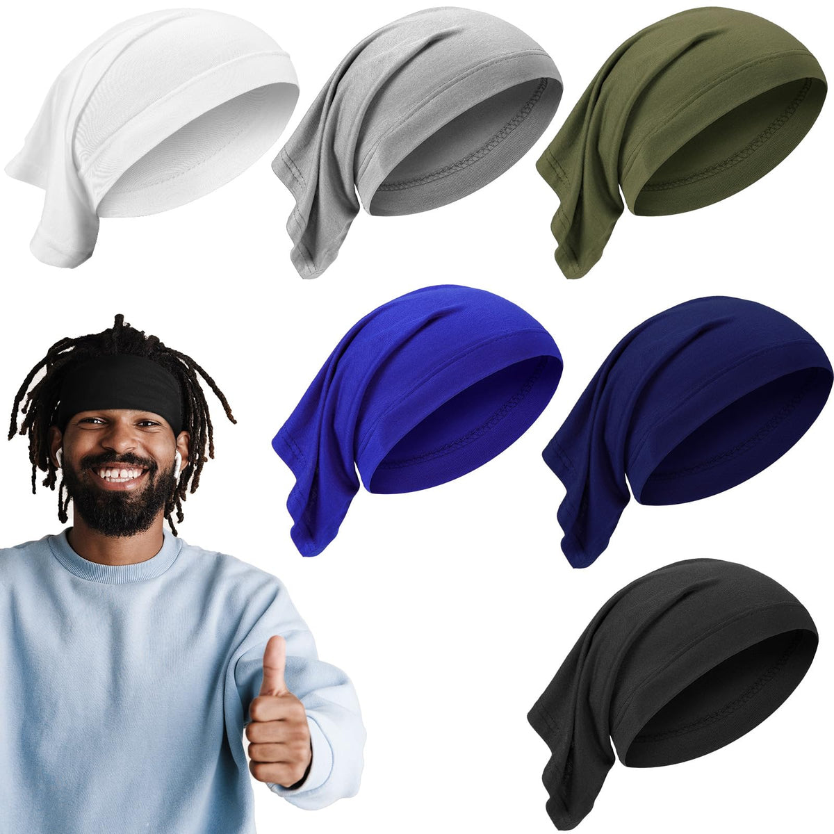 SATINIOR front view of six dreadlock caps showing colors and packaging benefit protection