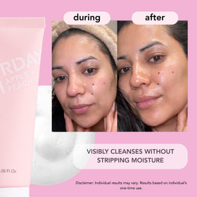 Saturday Skin cleanser applied on face in routine, conveys gentle effective cleansing