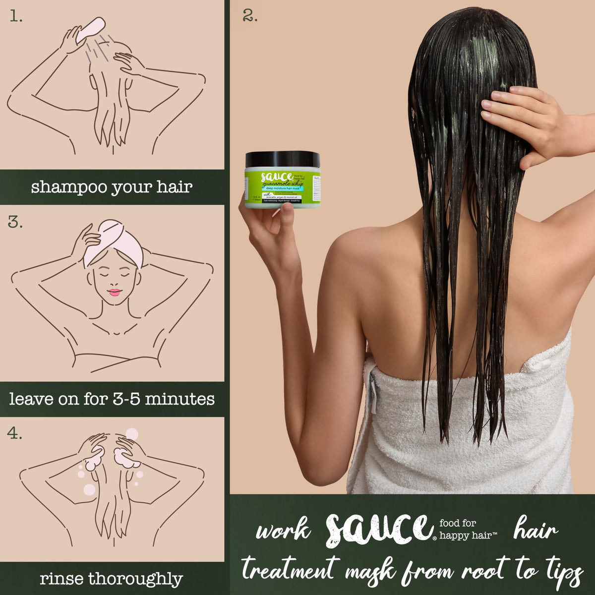 SAUCE BEAUTY before and after lengths comparison showing smoother, shinier hair